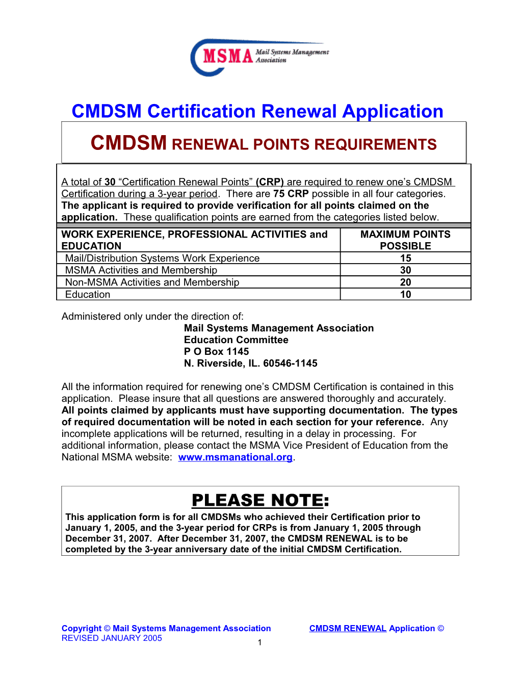 CMDSM Certification Renewal Application