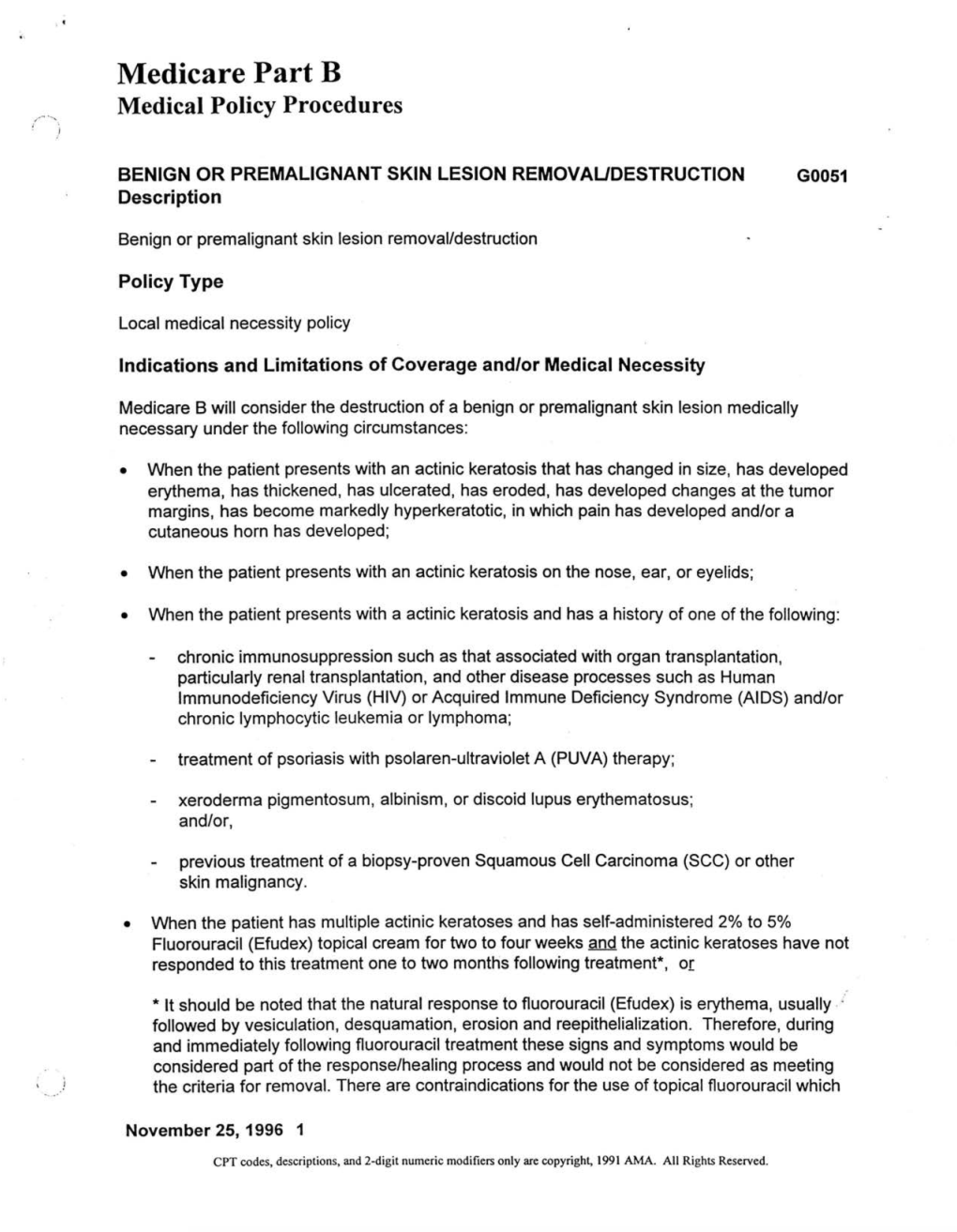 Medicare Part B.- Medical Policy Procedures-Benign Or Premalignant Skin Lesion Removal/Destruction