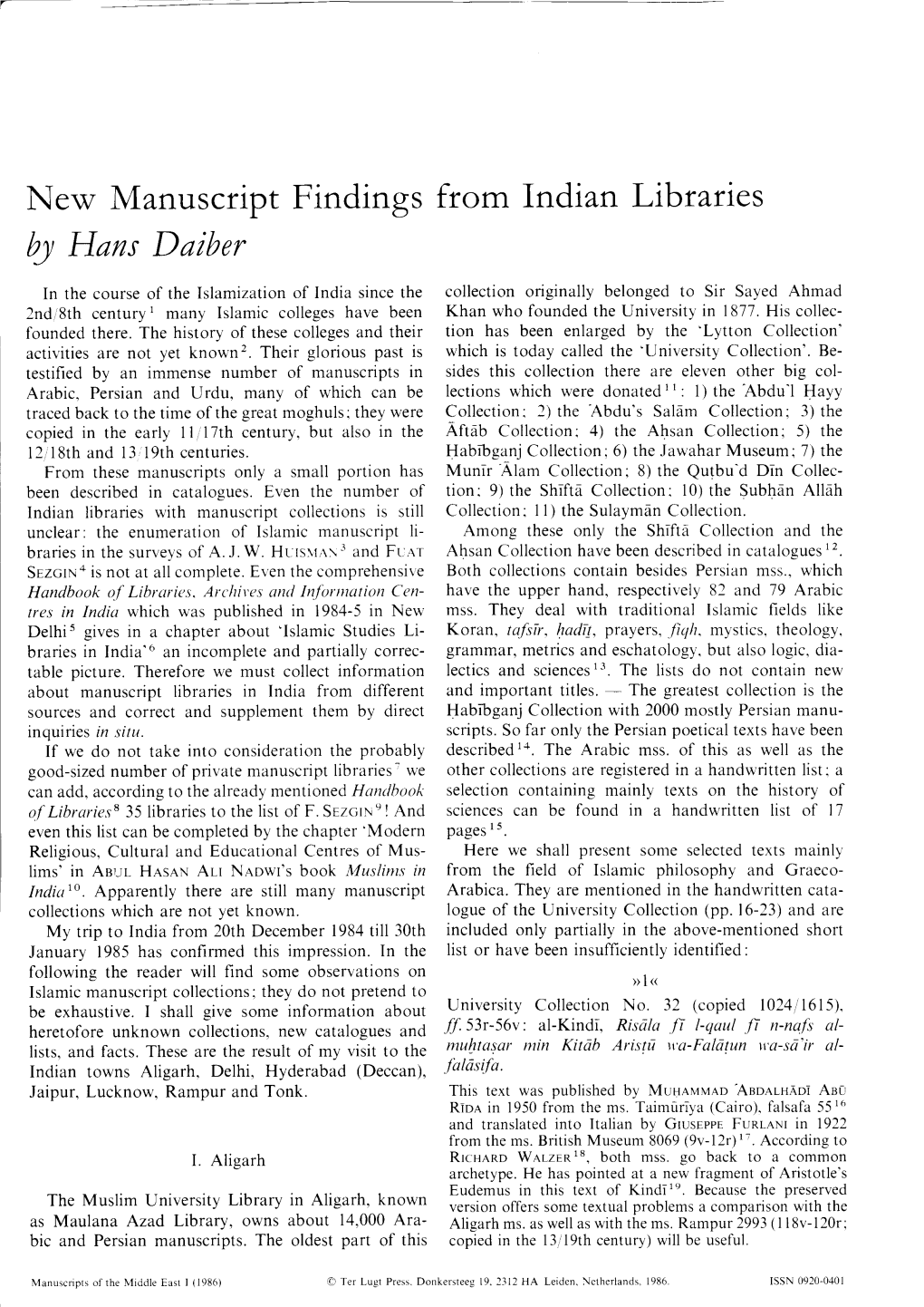 Hans Daiber, New Manuscript Findings from Indian