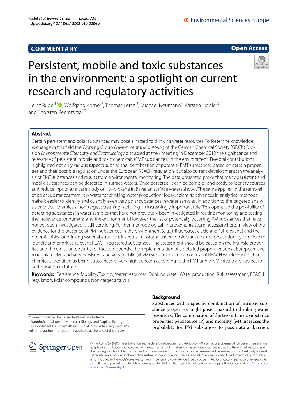 Persistent, Mobile and Toxic Substances in the Environment