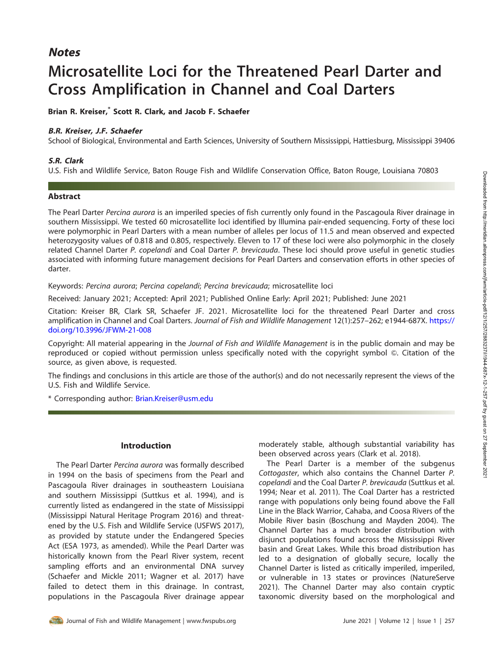 Microsatellite Loci for the Threatened Pearl Darter and Cross Amplification in Channel and Coal Darters