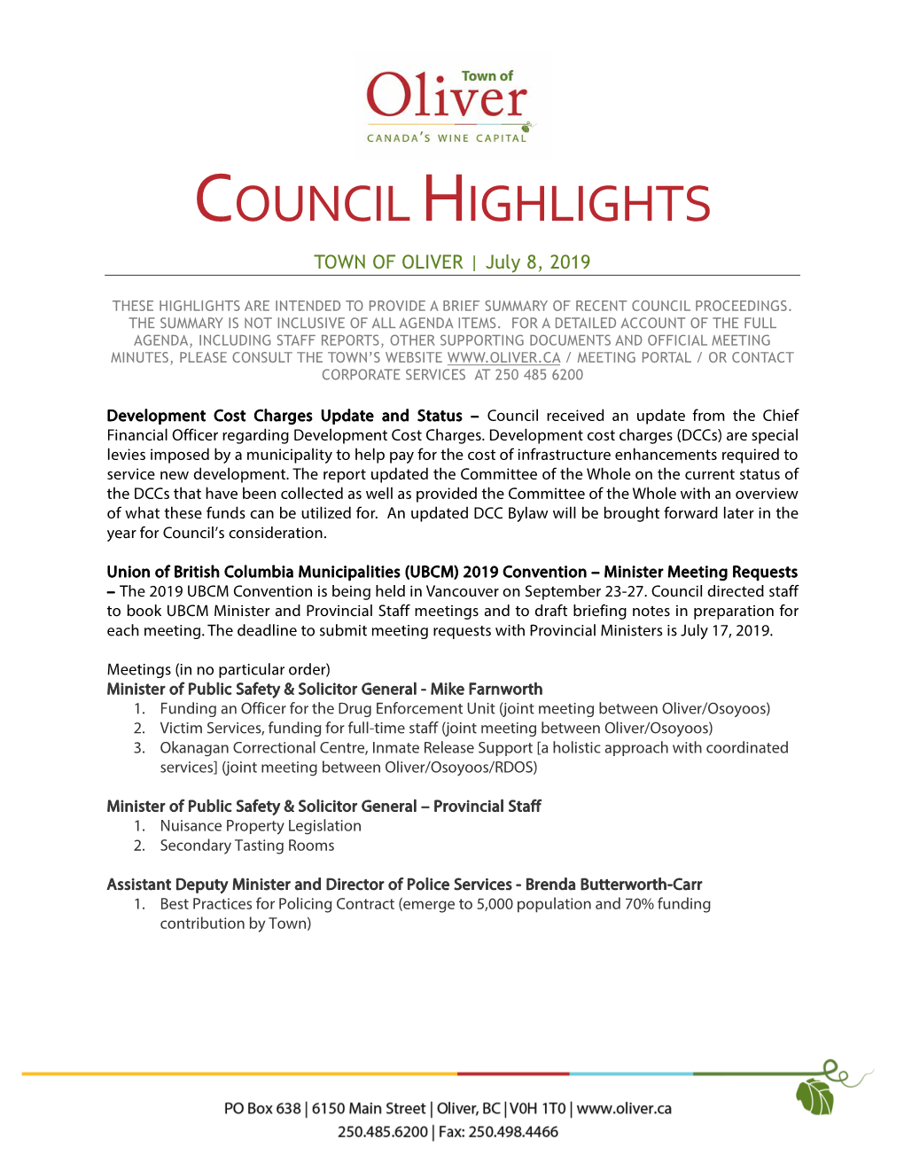 COUNCIL HIGHLIGHTS TOWN of OLIVER | July 8, 2019