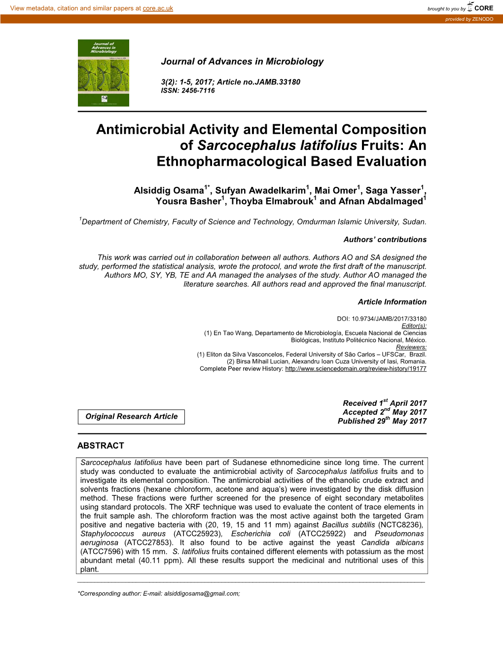 Antimicrobial Activity and Elemental Composition of Sarcocephalus Latifolius Fruits: an Ethnopharmacological Based Evaluation