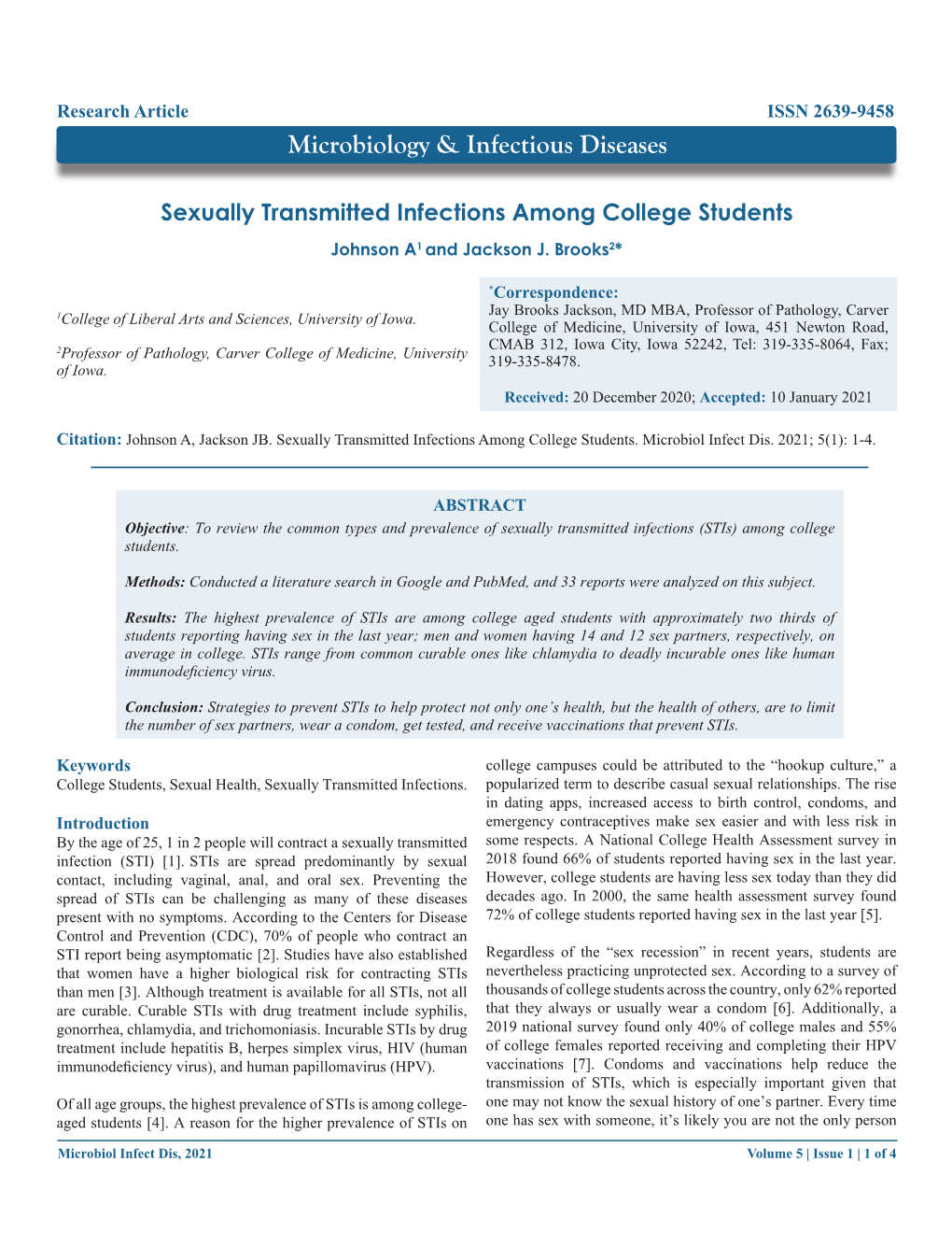 Sexually Transmitted Infections Among College Students Johnson A1 and Jackson J