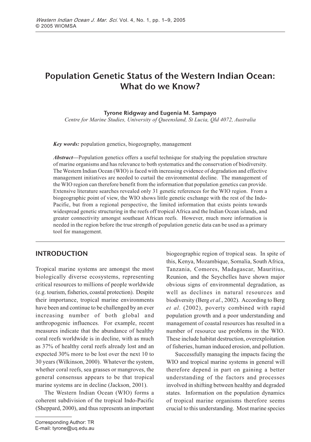 Population Genetic Status of the Western Indian Ocean: What Do We Know?