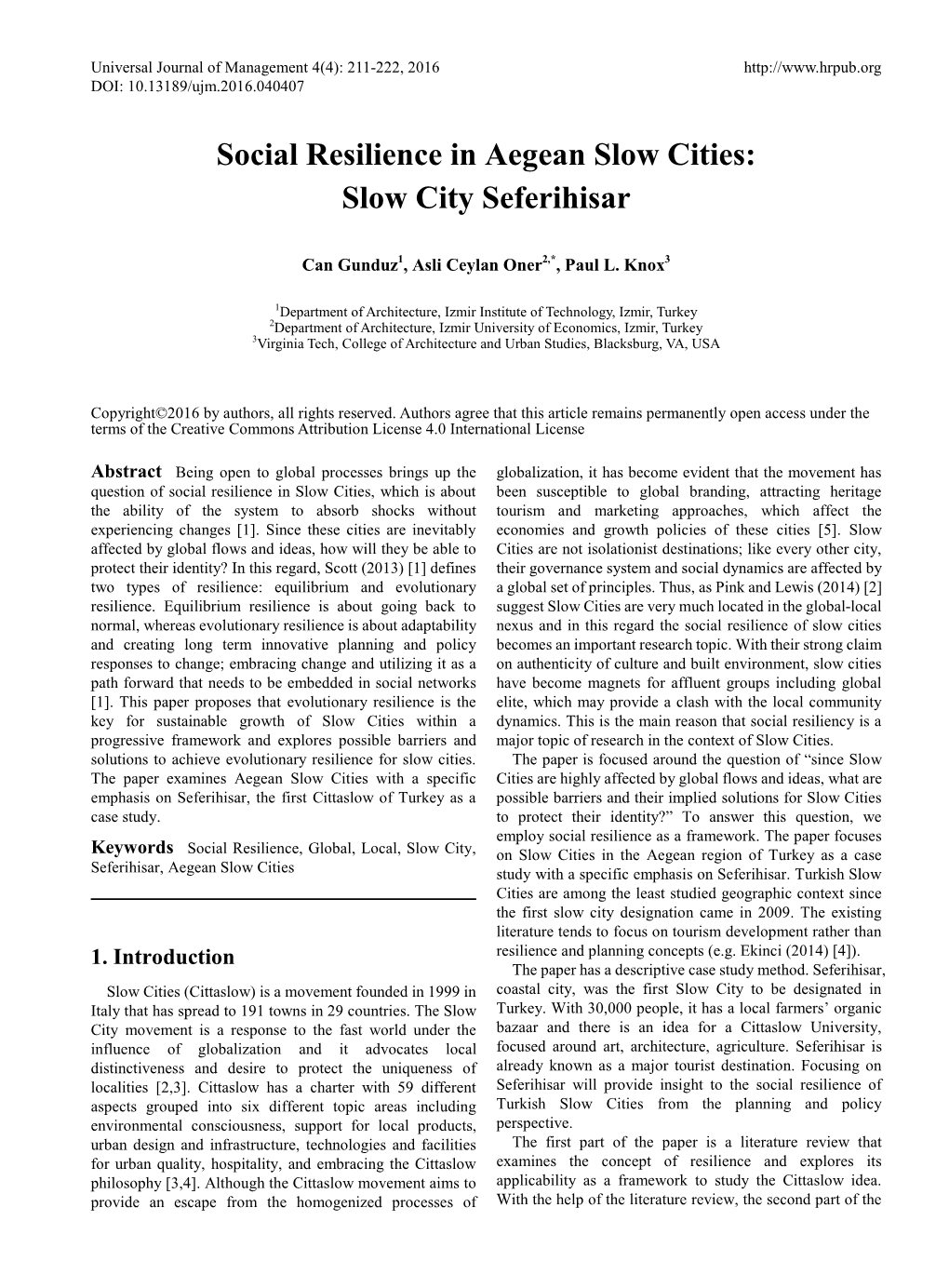 Social Resilience in Aegean Slow Cities: Slow City Seferihisar