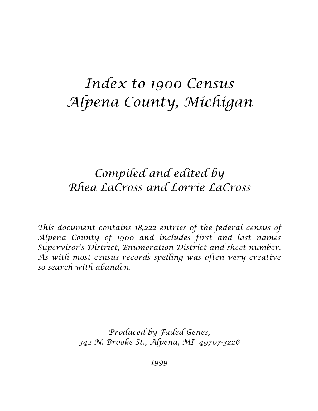 Index to 1900 Census Alpena County, Michigan