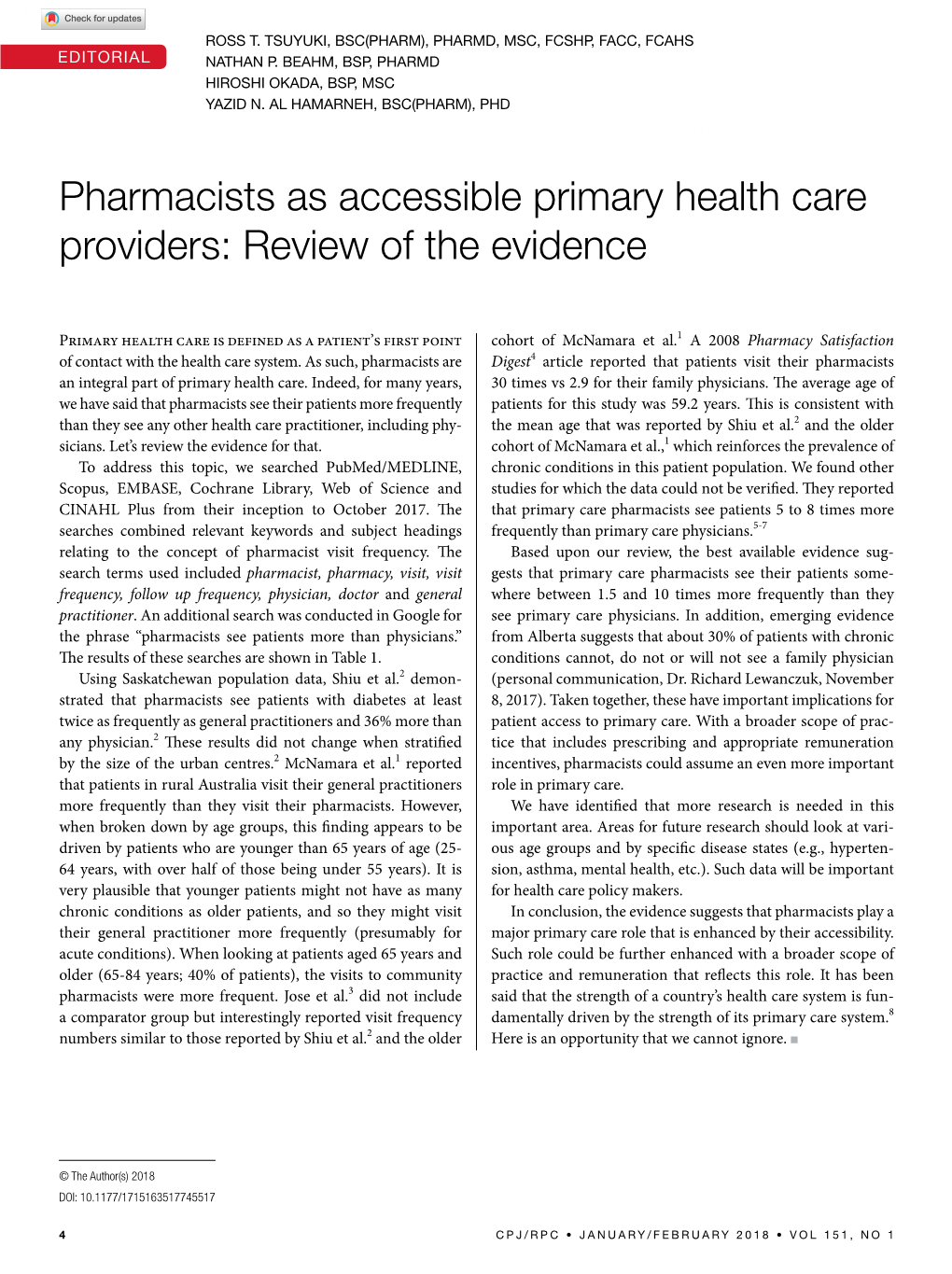 Pharmacists As Accessible Primary Health Care Providers: Review of the Evidence