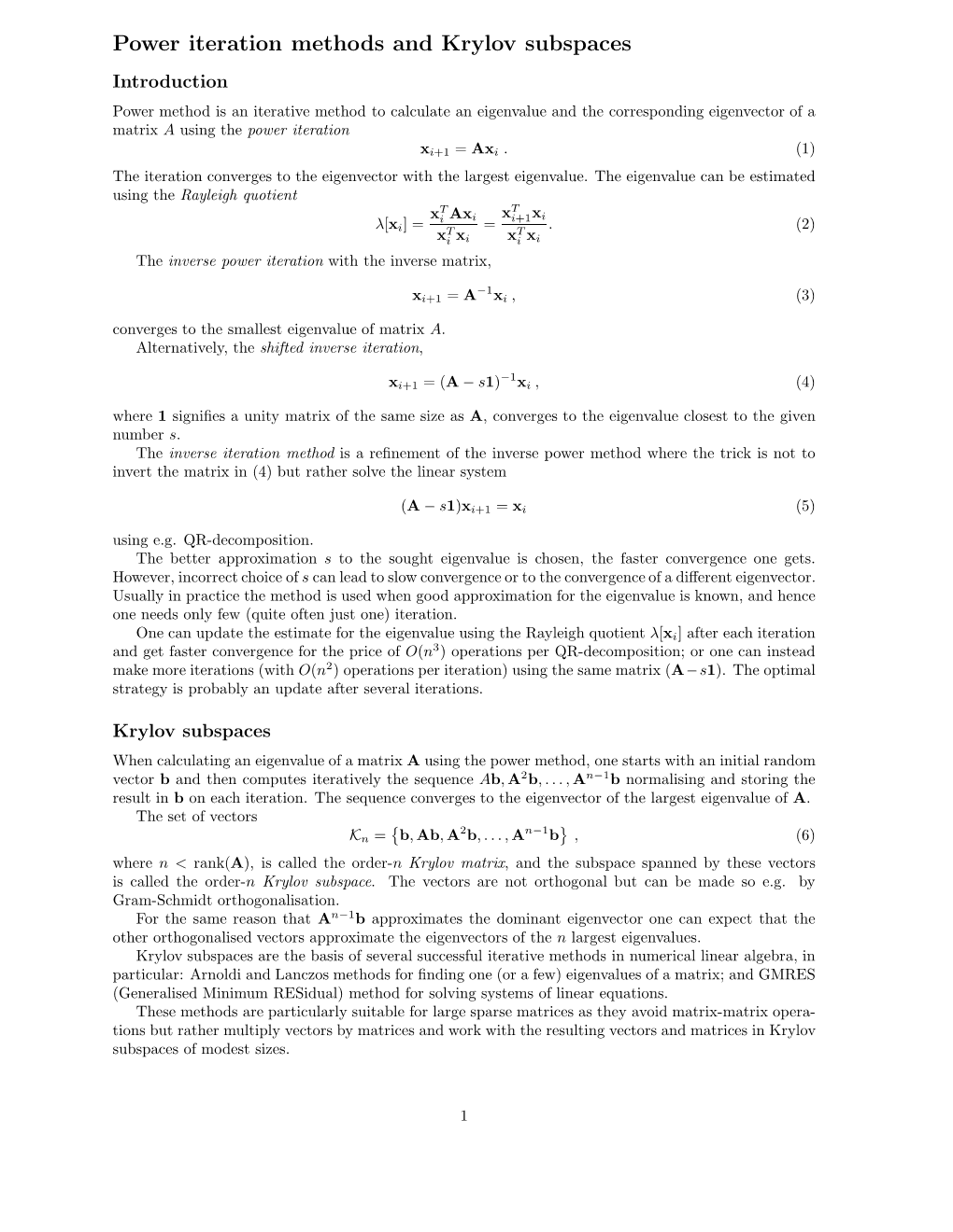 Power Iteration Methods and Krylov Subspaces