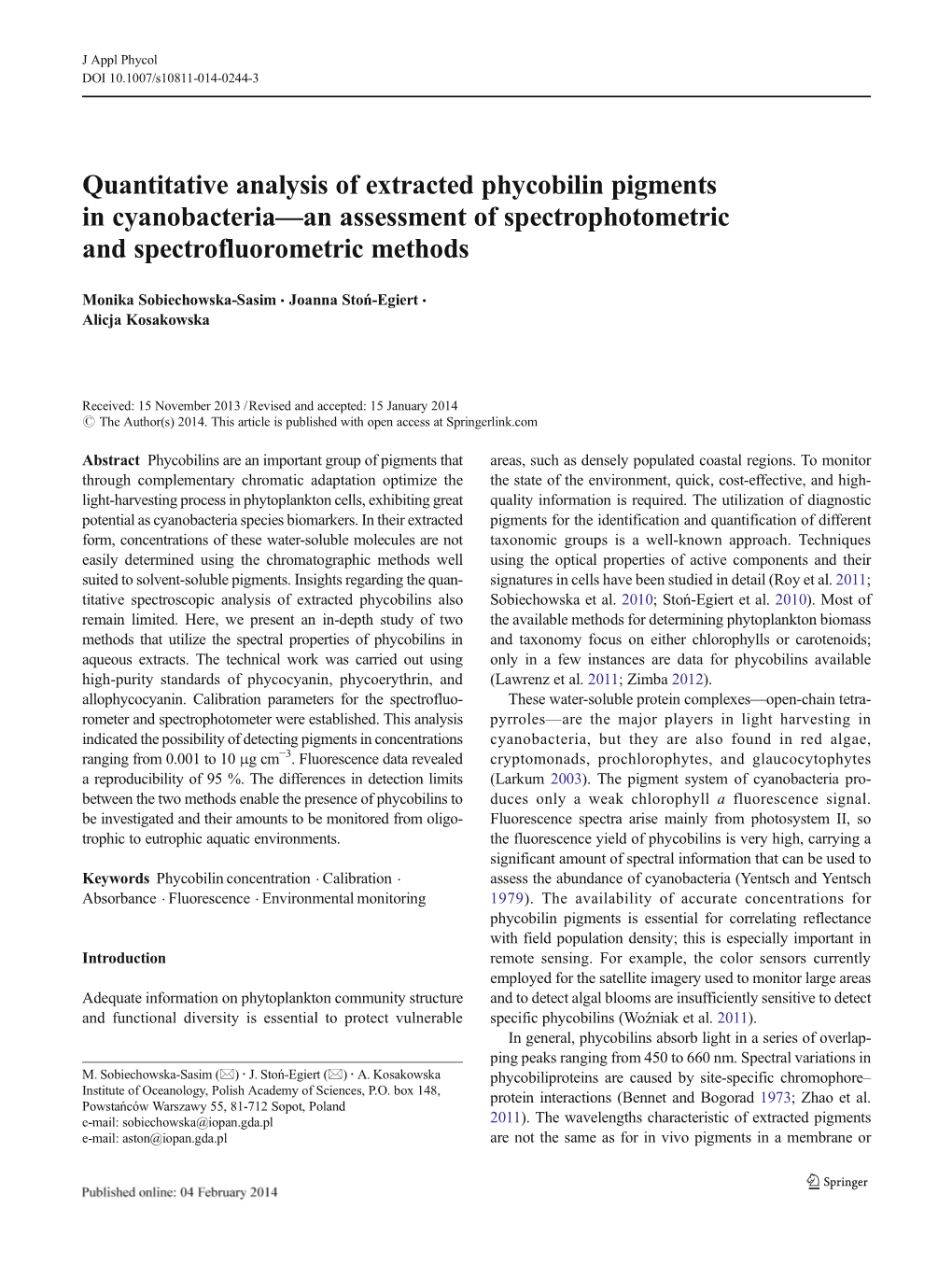 Quantitative Analysis of Extracted Phycobilin Pigments in Cyanobacteria—An Assessment of Spectrophotometric and Spectrofluorometric Methods