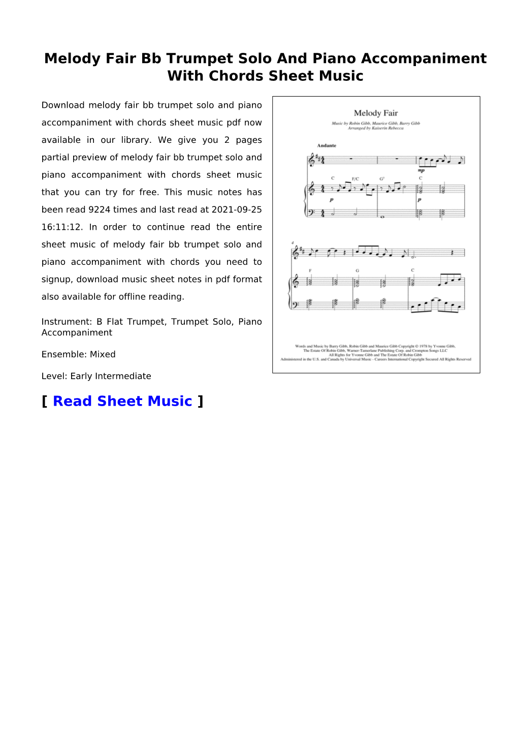 Melody Fair Bb Trumpet Solo and Piano Accompaniment with Chords Sheet Music