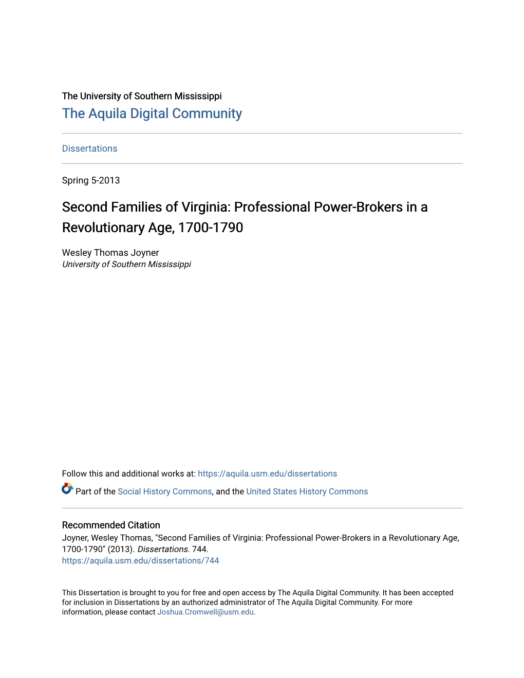 Second Families of Virginia: Professional Power-Brokers in a Revolutionary Age, 1700-1790