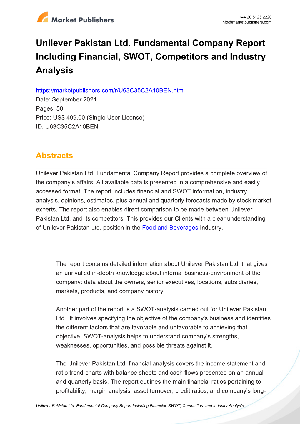 Unilever Pakistan Ltd. Fundamental Company Report Including