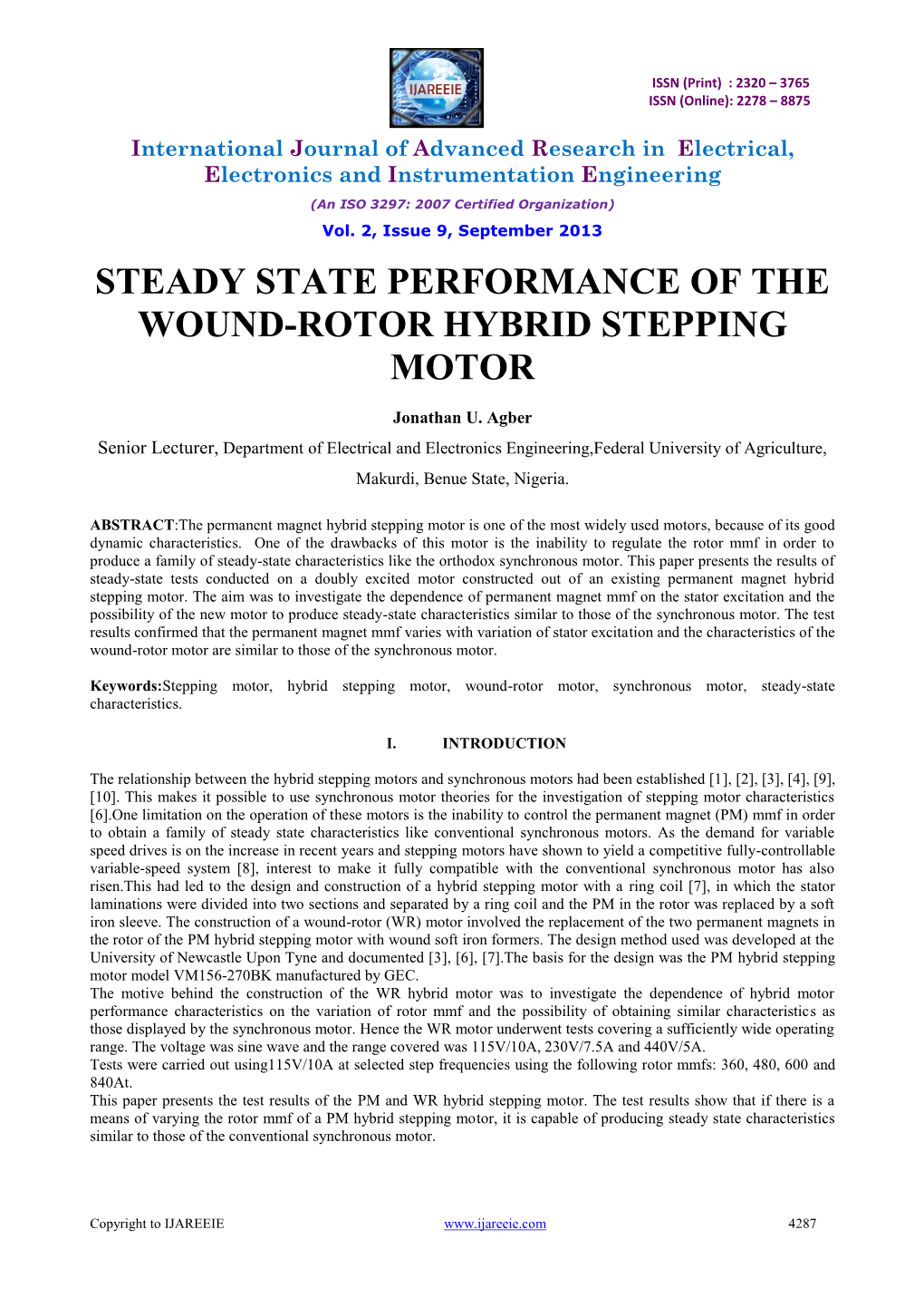Steady State Performance of the Wound-Rotor Hybrid Stepping Motor