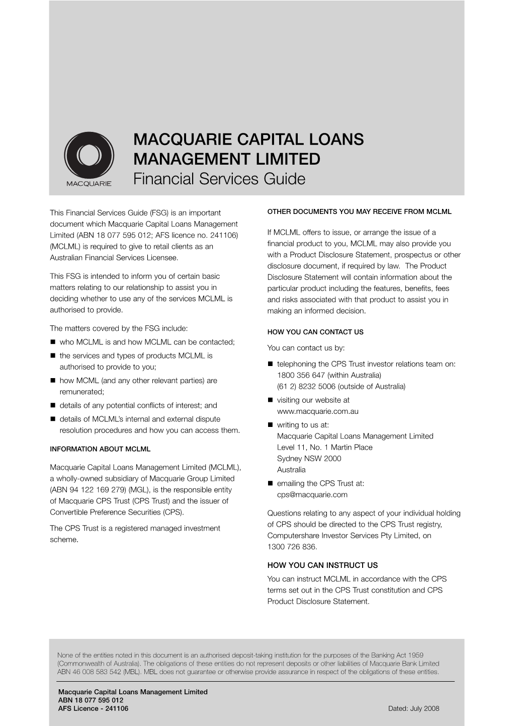 MACQUARIE CAPITAL LOANS MANAGEMENT LIMITED Financial Services Guide