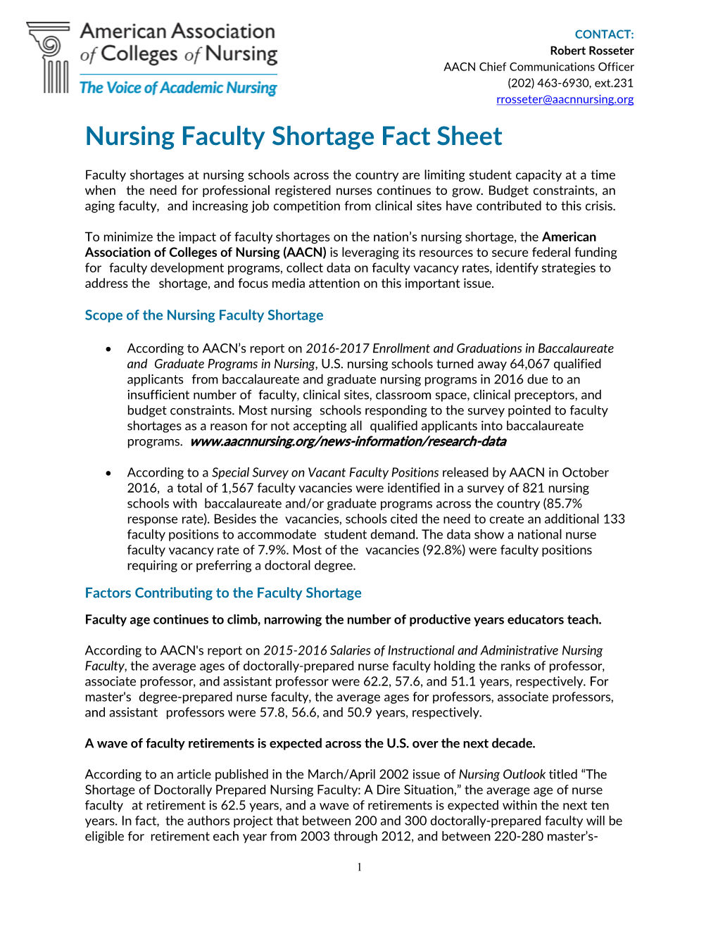 Nursing Faculty Shortage Fact Sheet