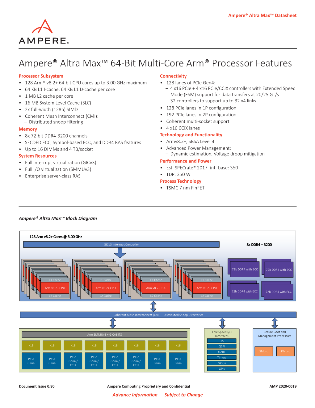 Ampere® Altra Max™ 64-Bit Multi-Core Arm® Processor Features