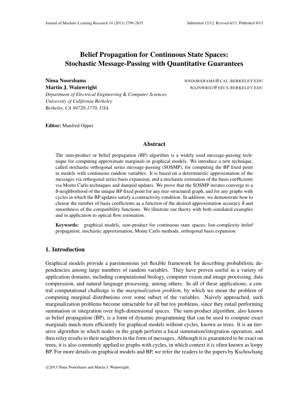 Belief Propagation for Continuous State Spaces: Stochastic Message-Passing with Quantitative Guarantees