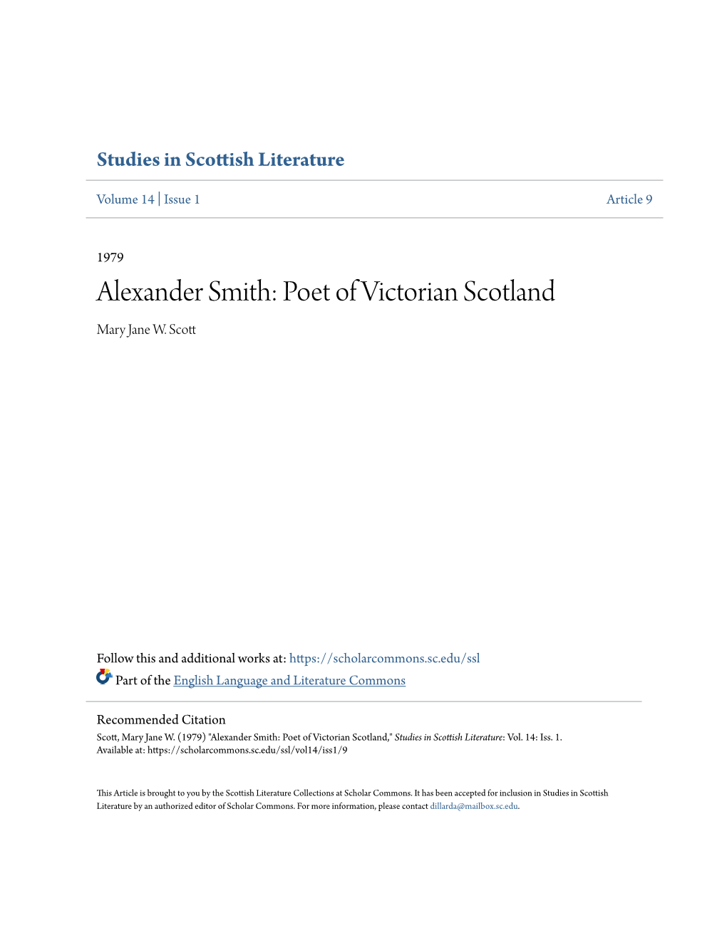 Alexander Smith: Poet of Victorian Scotland Mary Jane W