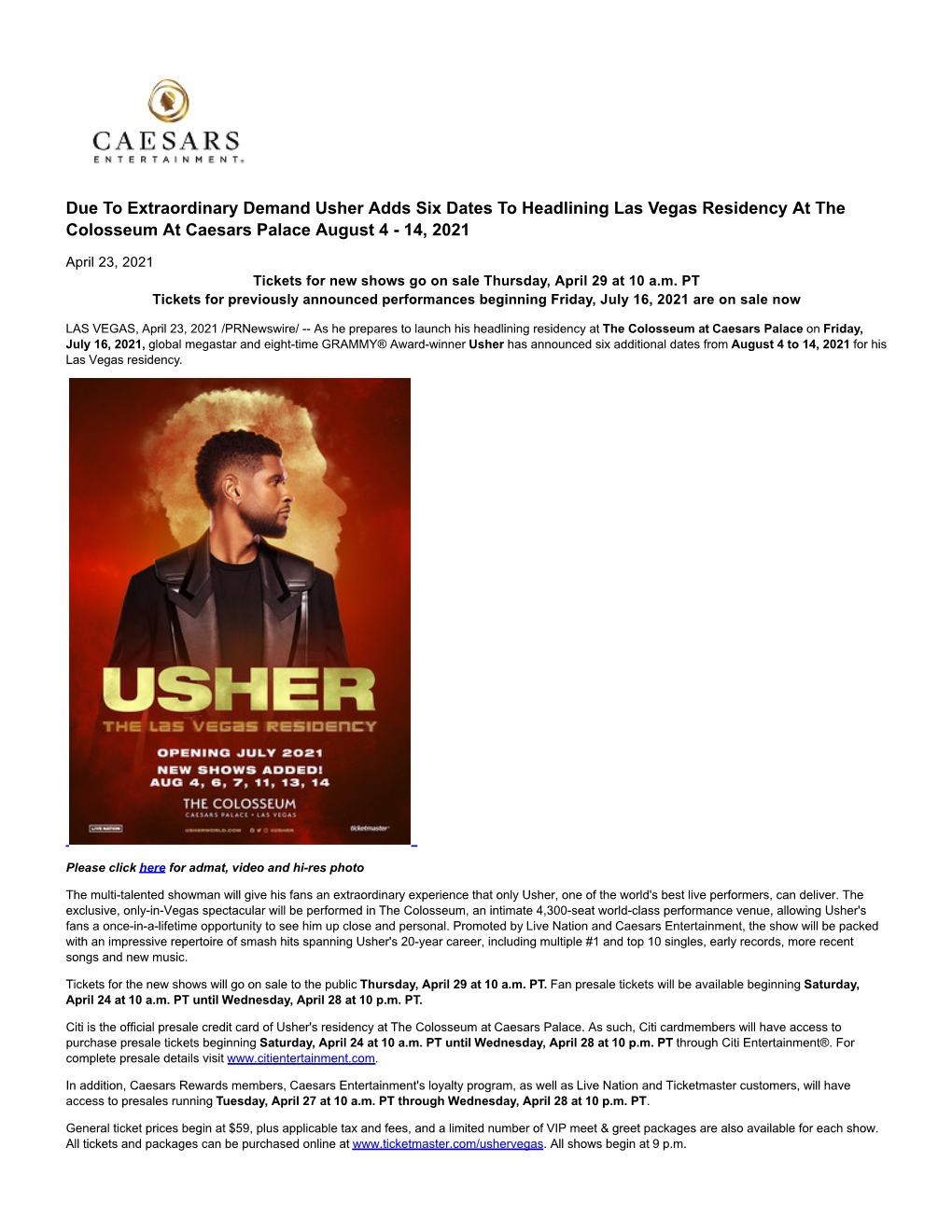 Due to Extraordinary Demand Usher Adds Six Dates to Headlining Las Vegas Residency at the Colosseum at Caesars Palace August 4 - 14, 2021