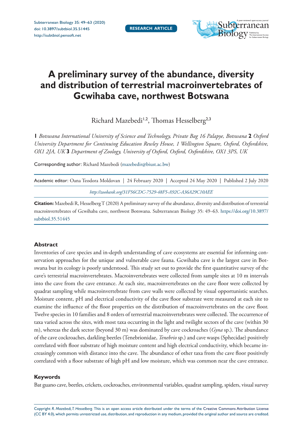 A Preliminary Survey of the Abundance, Diversity and Distribution of Terrestrial Macroinvertebrates of Gcwihaba Cave, Northwest Botswana