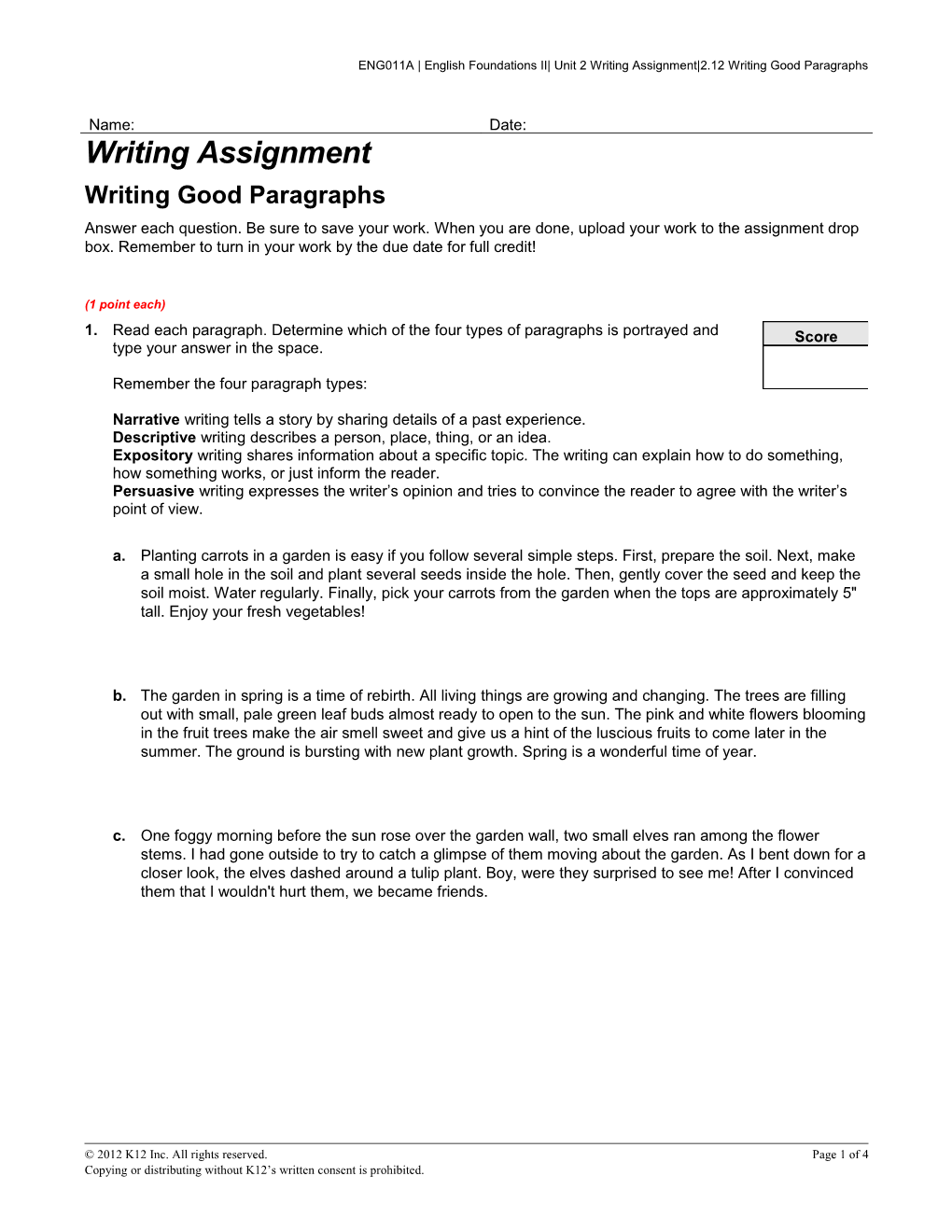 ENG011A English Foundations II Unit 2 Writing Assignment 2.12 Writing Good Paragraphs