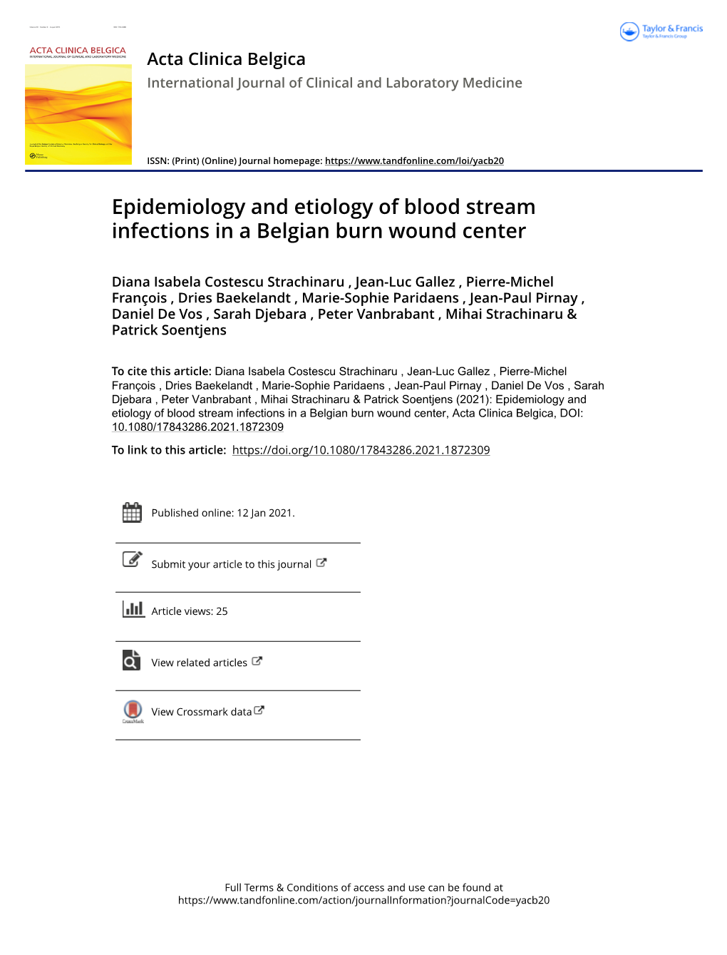 Epidemiology and Etiology of Blood Stream Infections in a Belgian Burn Wound Center