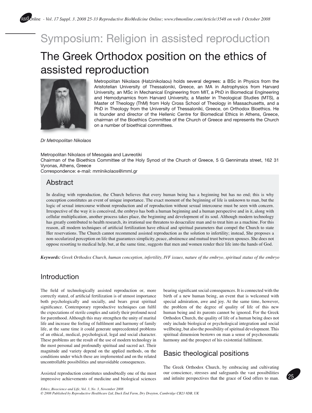 Religion in Assisted Reproduction the Greek Orthodox Position on The