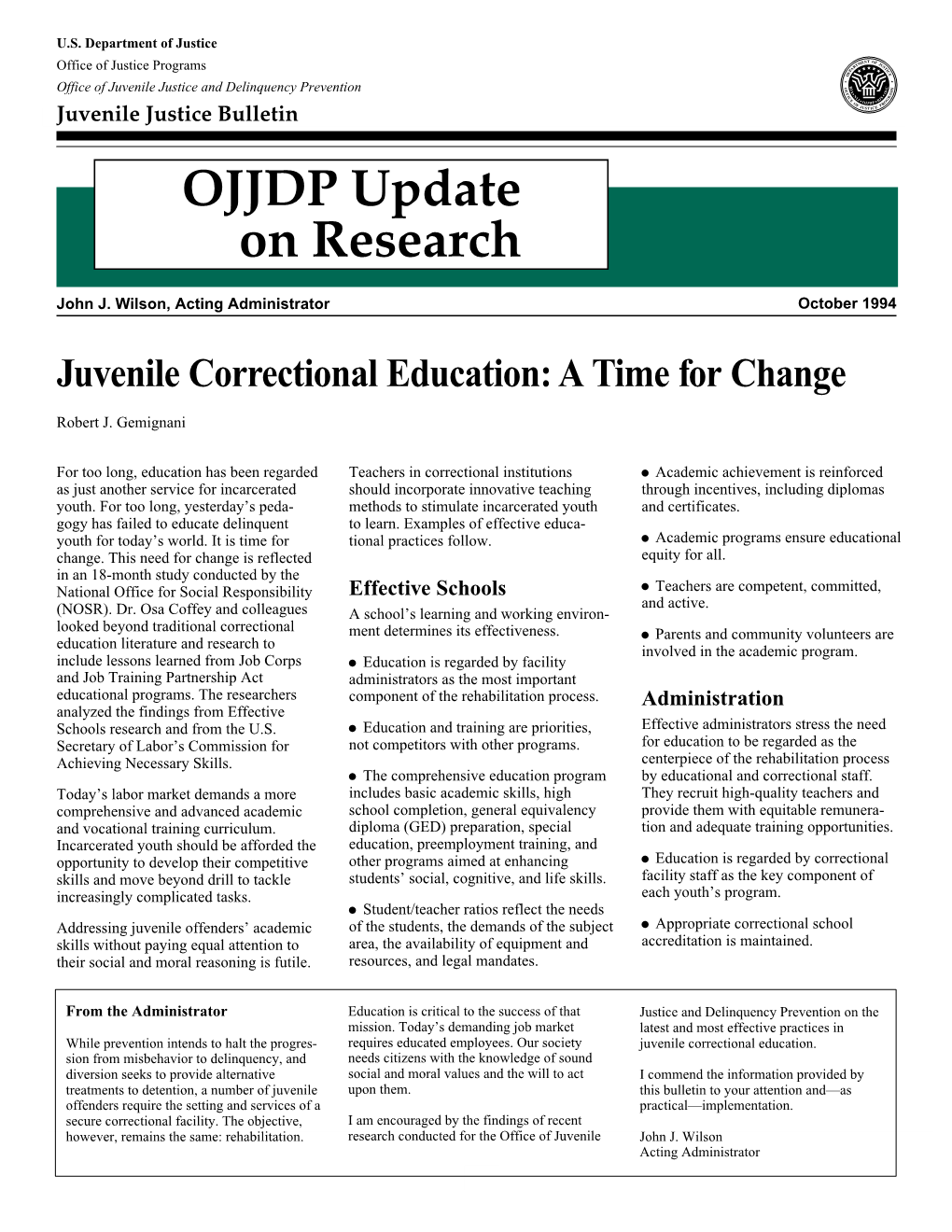 Juvenile Correctional Education: a Time for Change