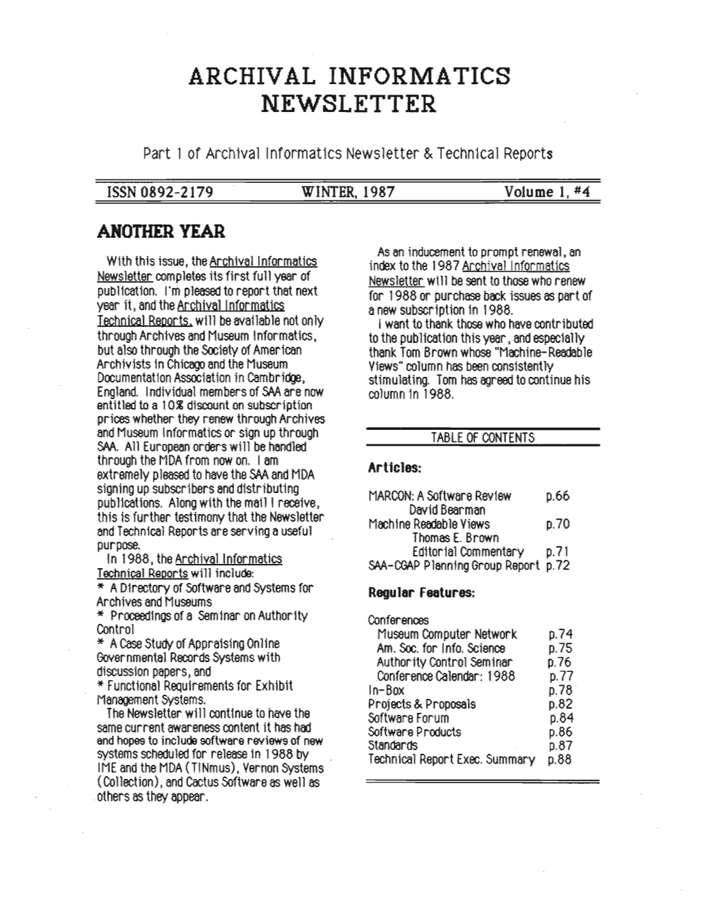 Archives and Museum Informatics Newsletter, Vol.1, No. 4