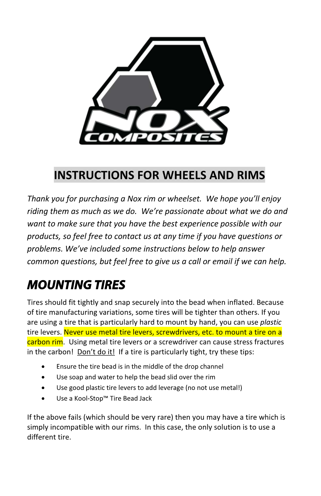 Rim and Wheel Specifications and Instructions