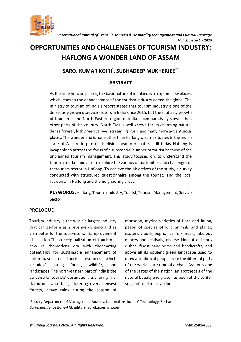 Opportunities and Challenges of Tourism Industry: Haflong a Wonder Land of Assam