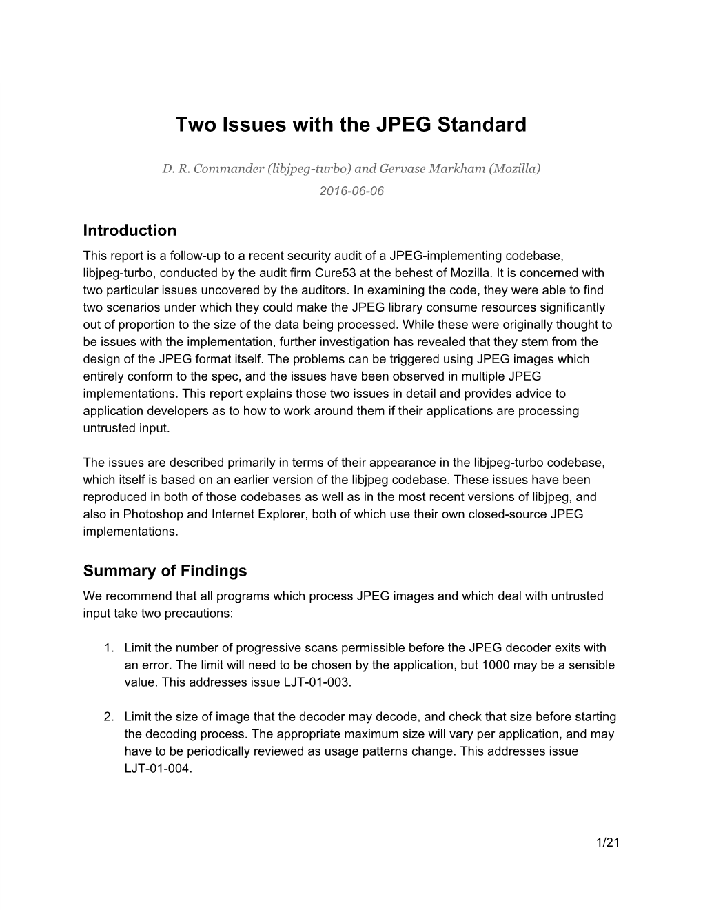 Two Issues with the JPEG Standard