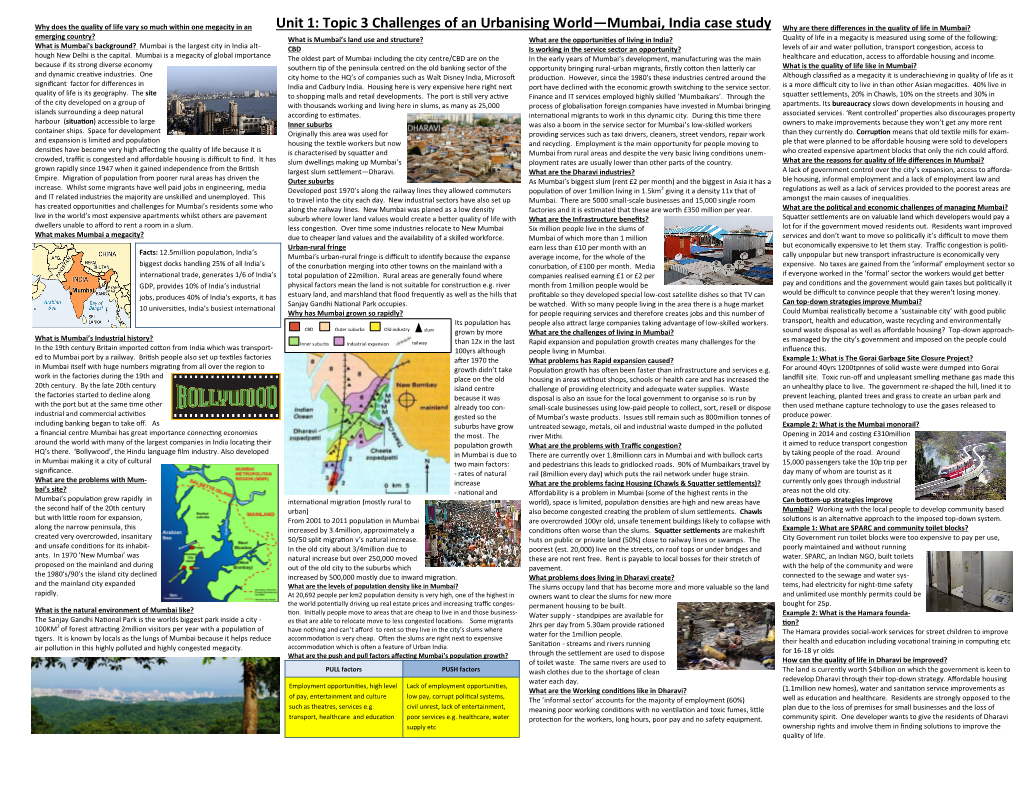 Topic 3 Challenges of an Urbanising World—Mumbai, India Case Study