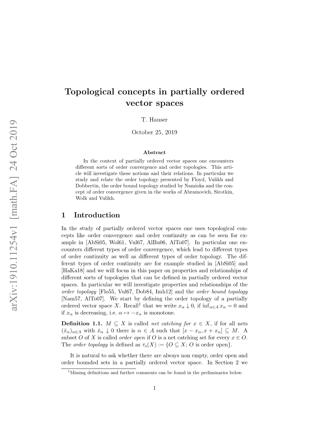 Topological Concepts in Partially Ordered Vector Spaces