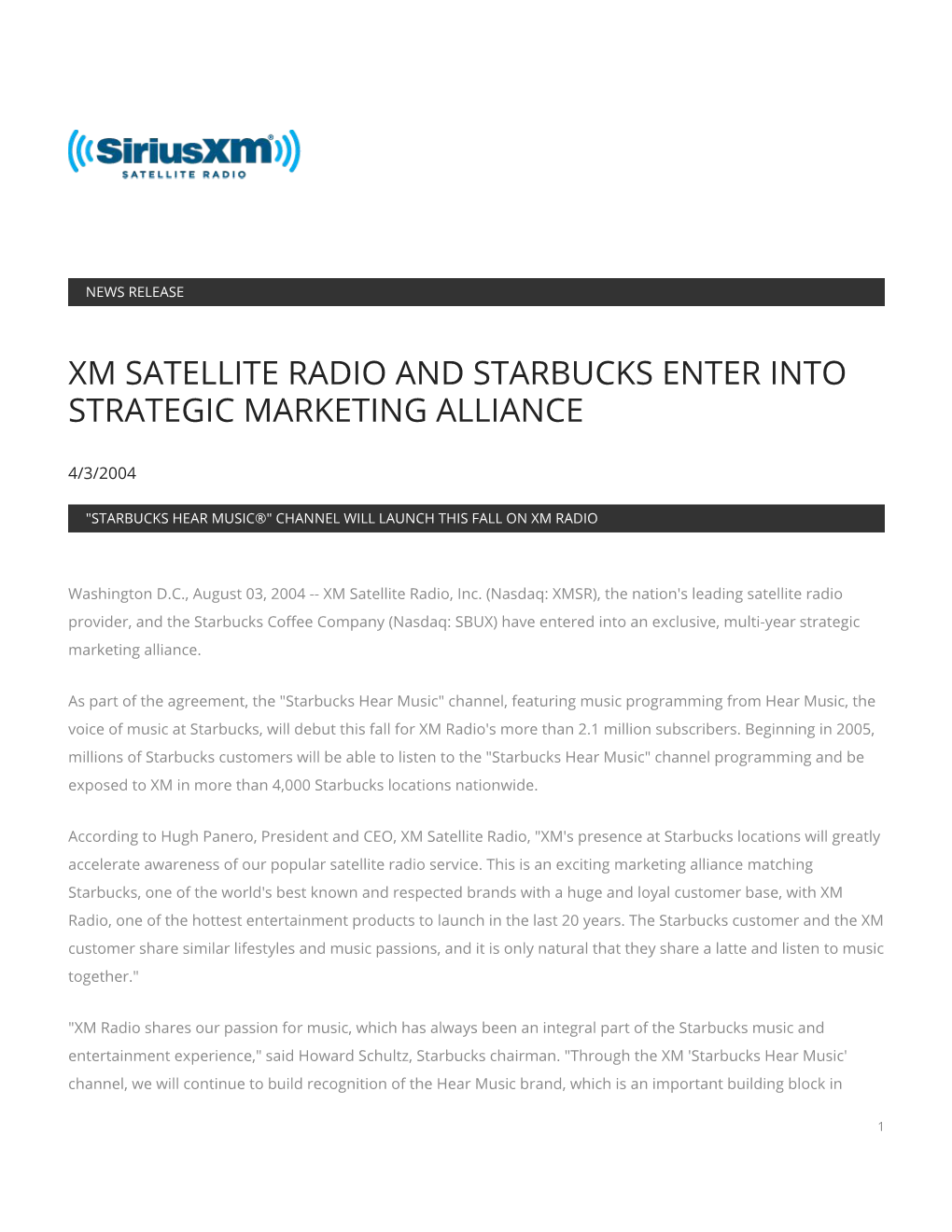 Xm Satellite Radio and Starbucks Enter Into Strategic Marketing Alliance