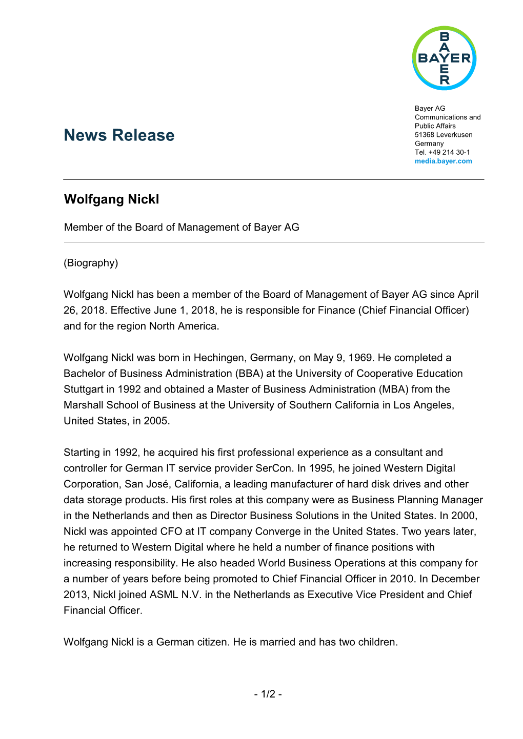 News Release 51368 Leverkusen Germany Tel