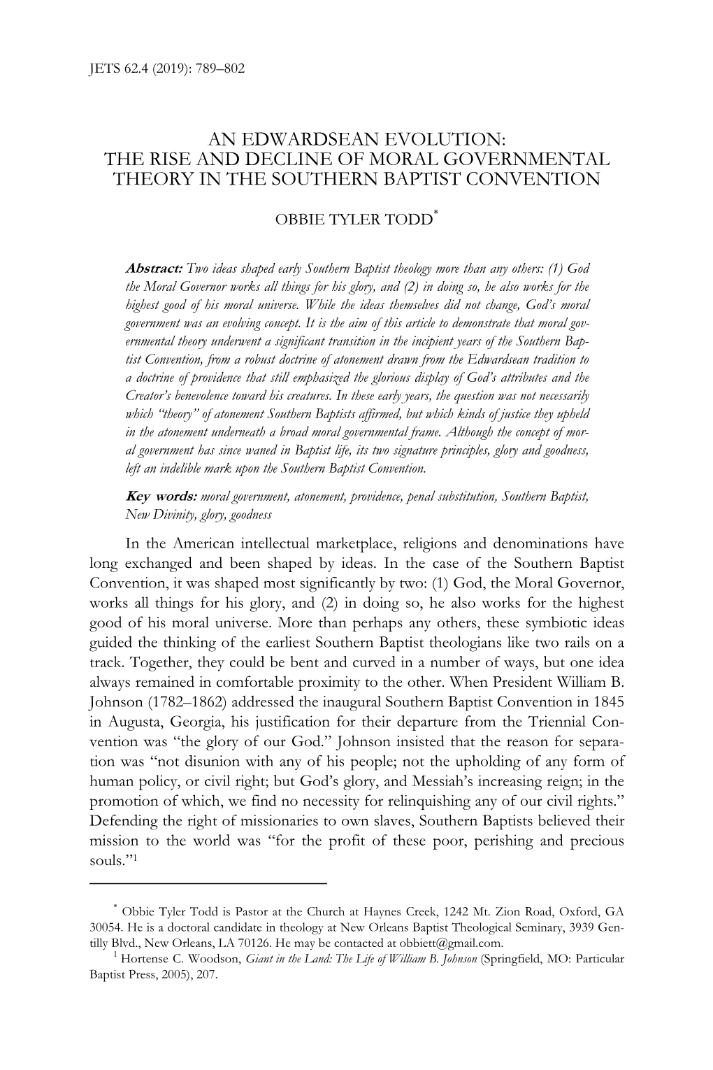 An Edwardsean Evolution: the Rise and Decline of Moral Governmental Theory in the Southern Baptist Convention