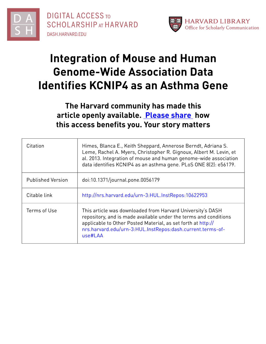 Integration of Mouse and Human Genome-Wide Association Data Identifies KCNIP4 As an Asthma Gene