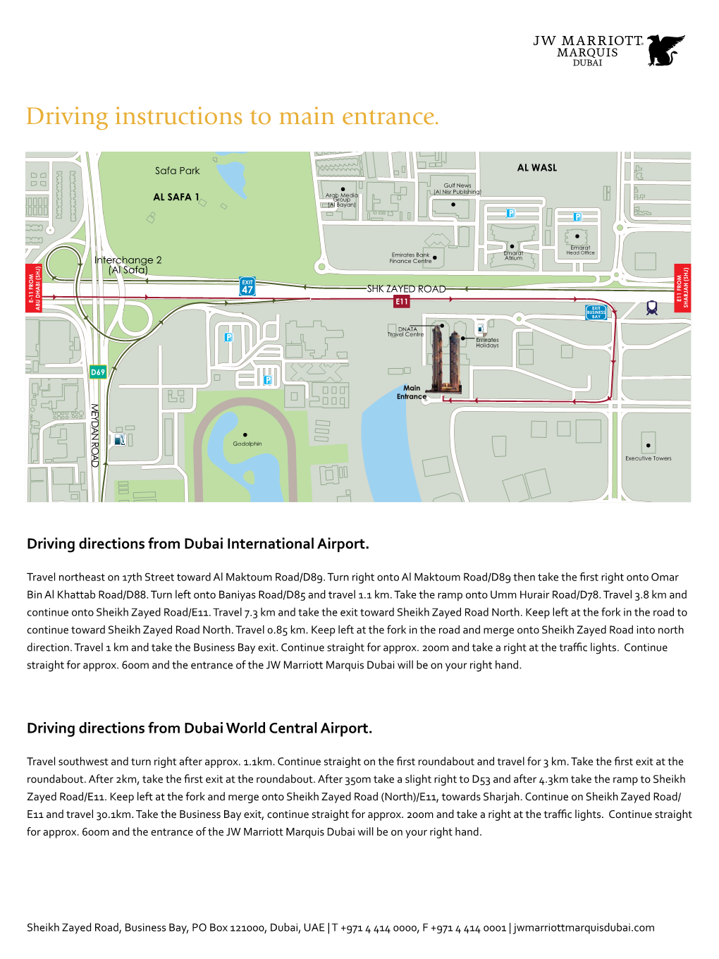 JW Marriott Marquis Dubai Hotel Location Map and Driving Instructions