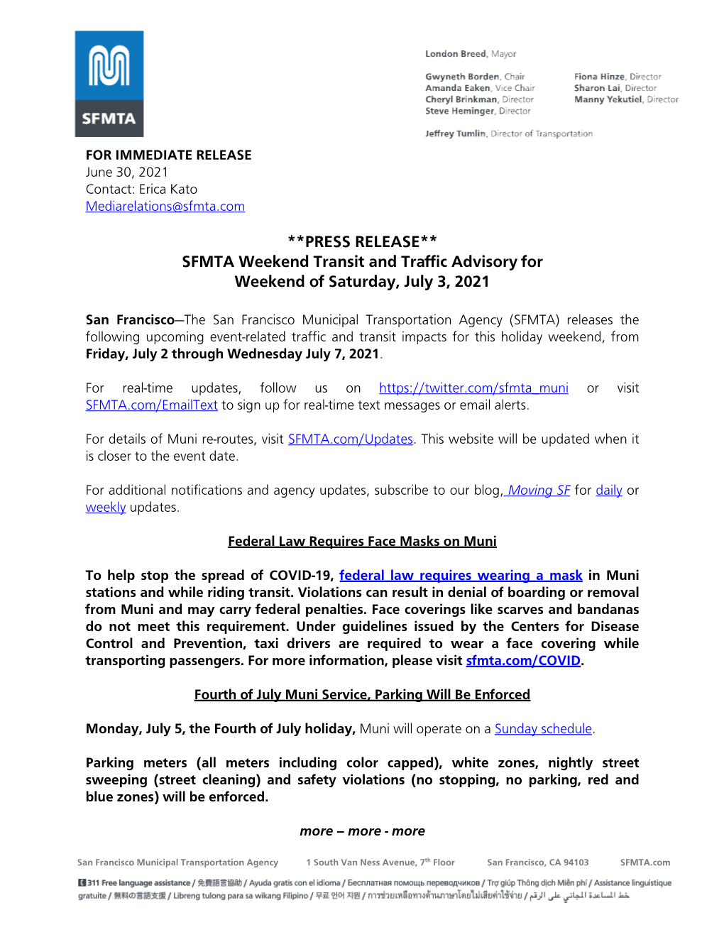 **PRESS RELEASE** SFMTA Weekend Transit and Traffic Advisory for Weekend of Saturday, July 3, 2021