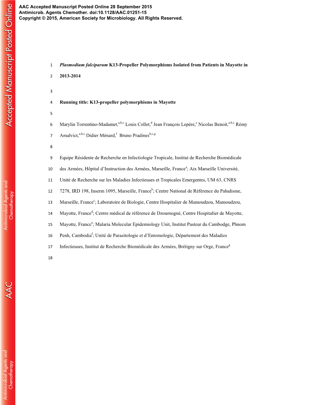 Plasmodium Falciparum K13-Propeller Polymorphisms Isolated from Patients in Mayotte In