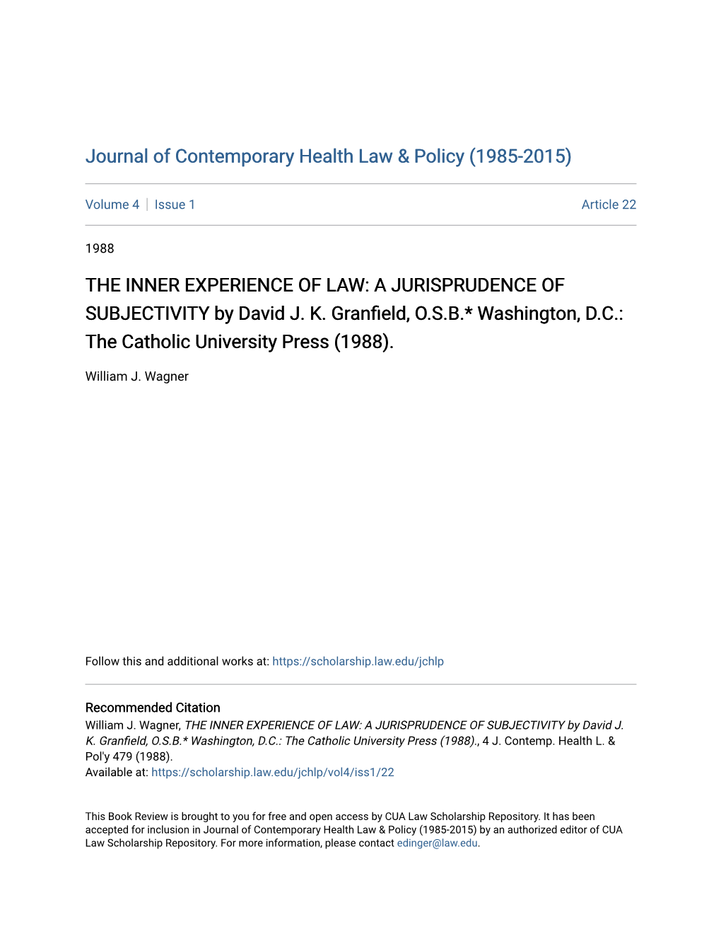 THE INNER EXPERIENCE of LAW: a JURISPRUDENCE of SUBJECTIVITY by David J
