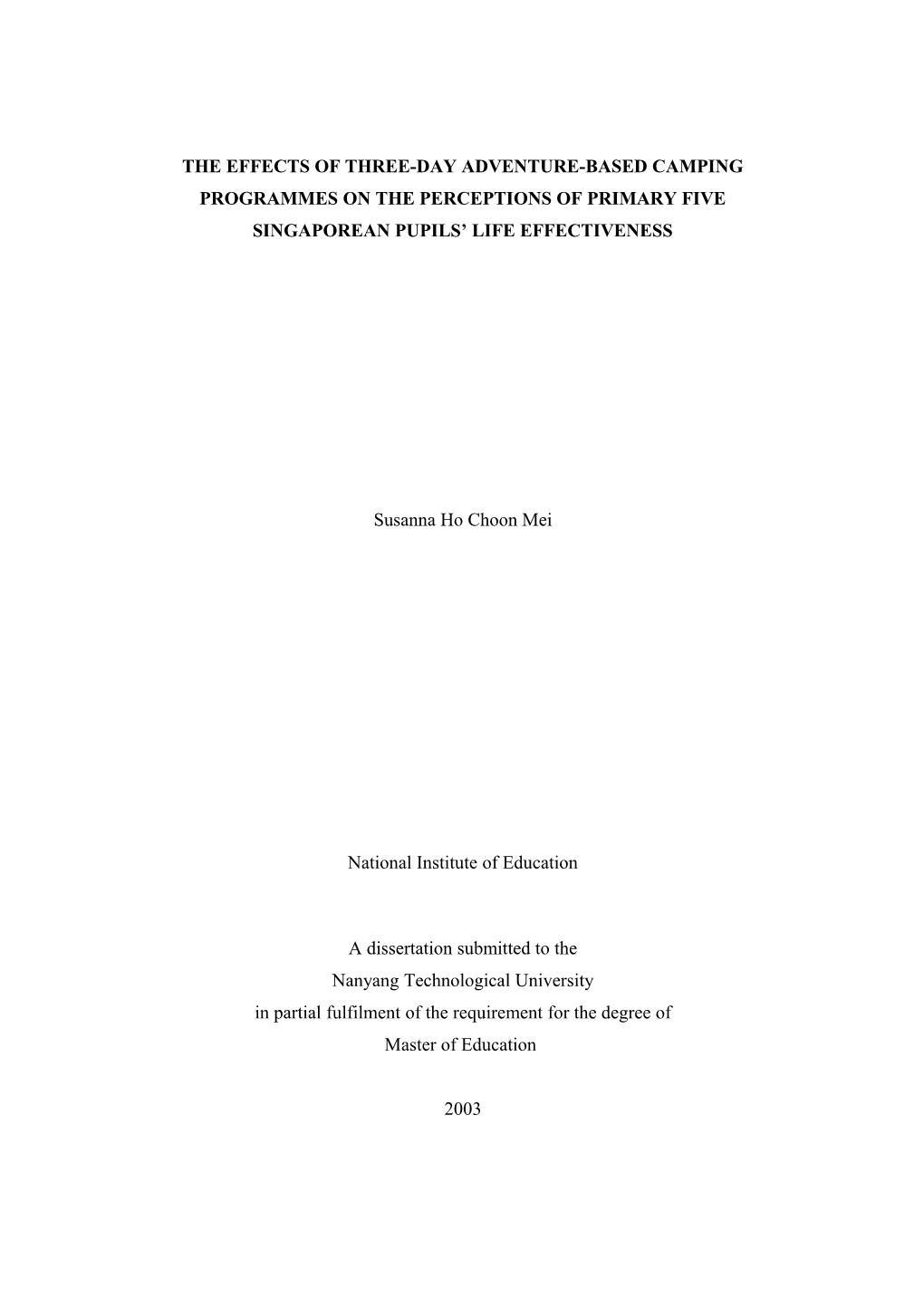 The Effects of THREE-Day Adventure-Based Camping Programmes on the PERCEPTIONS of Primary