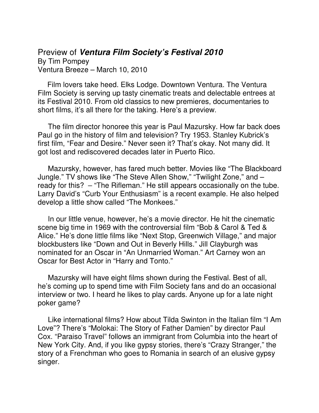 Preview of Ventura Film Society's Festival 2010