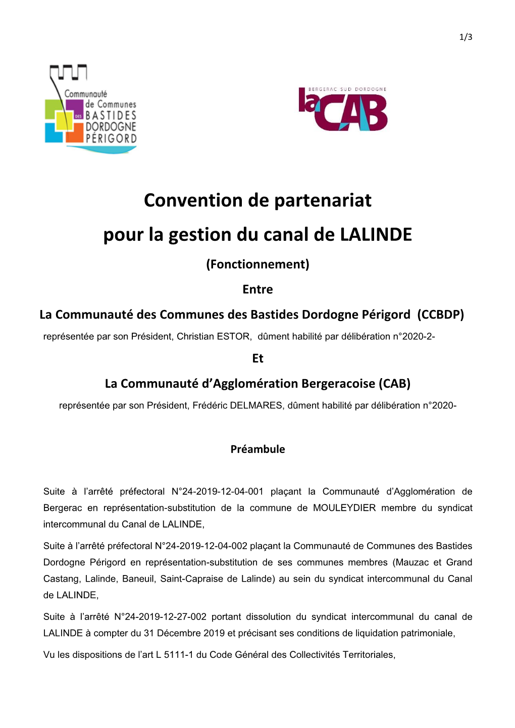 Convention De Partenariat Pour La Gestion Du Canal De LALINDE