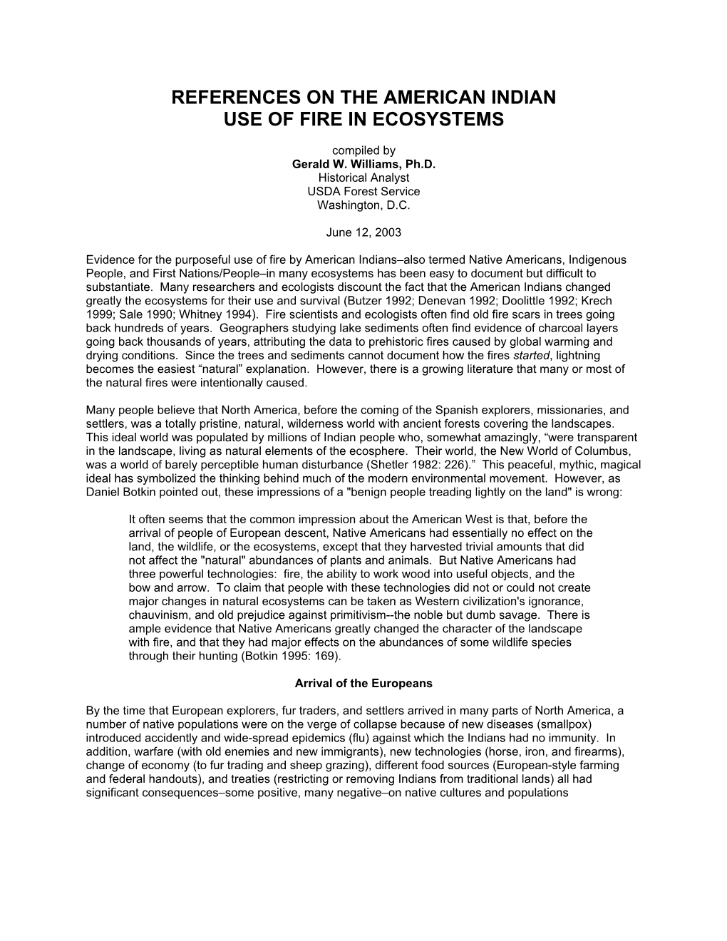 References on the American Indian Use of Fire in Ecosystems