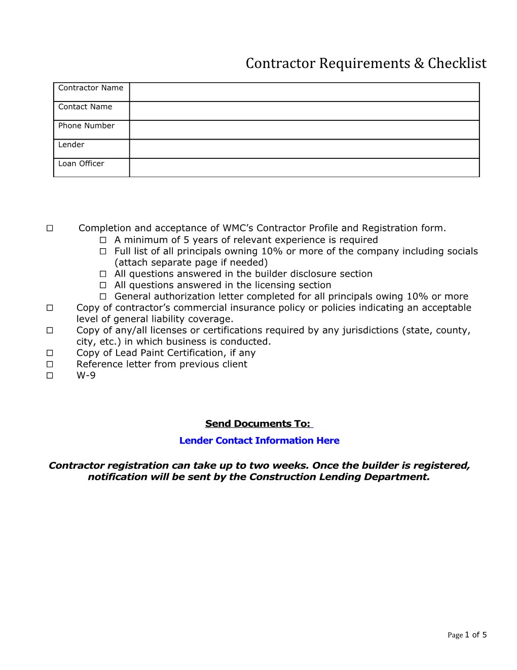 Completion and Acceptance of WMC S Contractor Profile and Registration Form