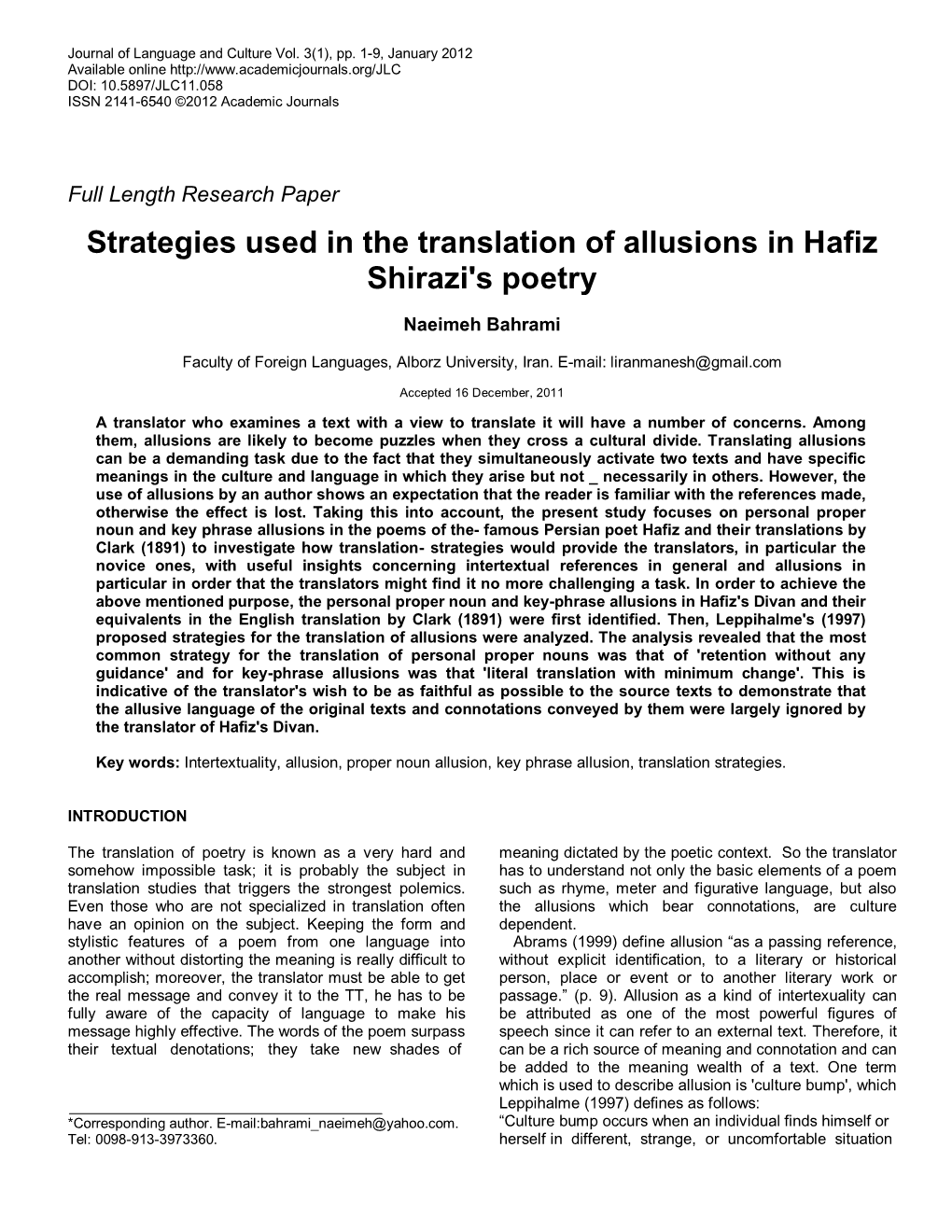 Strategies Used in the Translation of Allusions in Hafiz Shirazi's Poetry