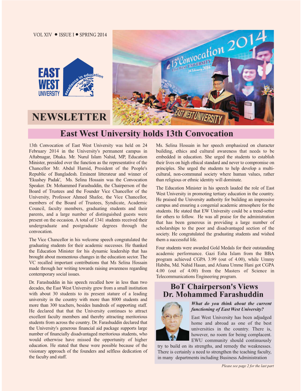 NEWSLETTER East West University Holds 13Th Convocation 13Th Convocation of East West University Was Held on 24 Ms